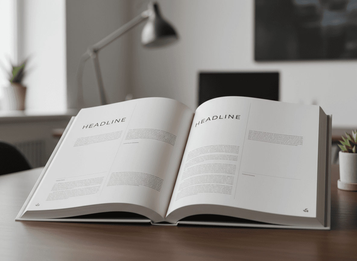 넓은 포맷의 책 위에 놓인 빈 편집 레이아웃 목업의 클로즈업. 세련된 타이포그래피 레이아웃이 암시되는 페이지 펼침에 초점을 맞추며, 세련된 사무실 테이블 배경.