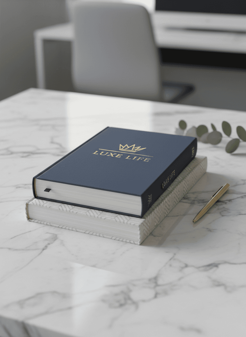 대리석 표면 위에 세련되게 쌓인 두 권의 하드커버 책 목업. 고급스러운 브랜드에 적합하다.