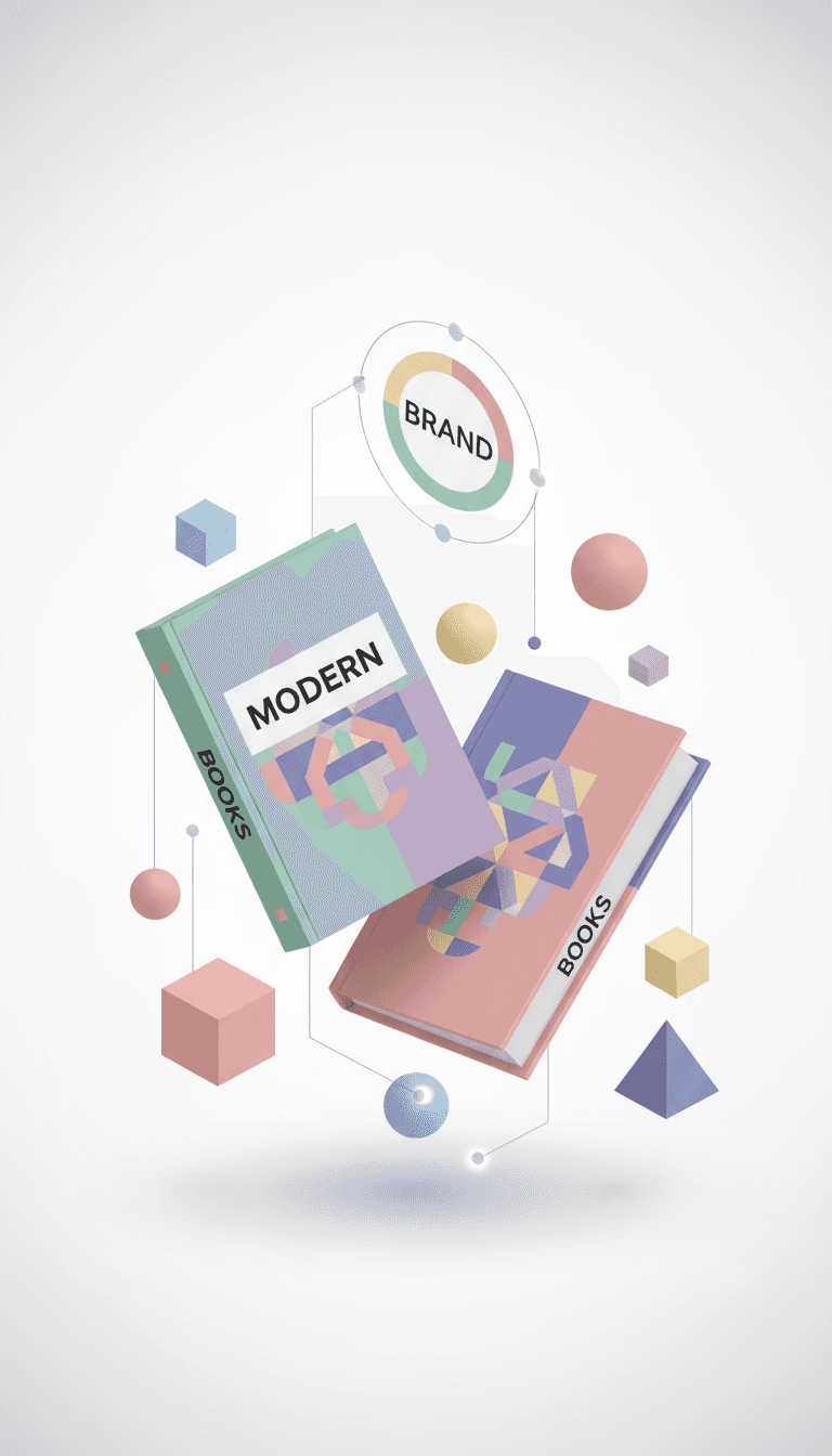 깨끗한 기하학적 형태와 파스텔 색상의 모던 아이소메트릭 책 목업. 디지털 일러스트 스타일로 표현되었다.