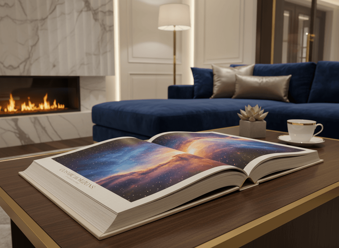 놀라운 이미지를 보여주며 펼쳐진 대형 커피 테이블 책 목업. 고급스러운 거실 공간에 은은한 조명이 어우러져 있다.