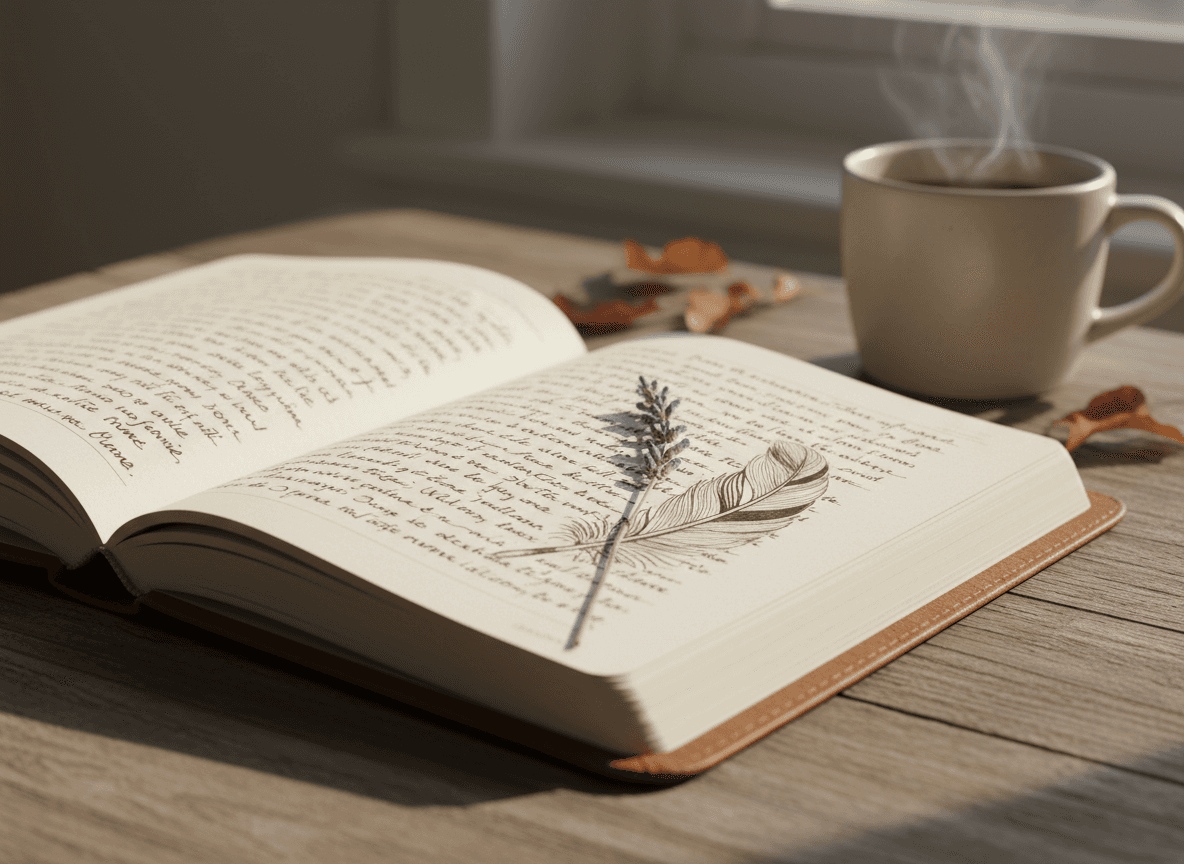 첫 페이지에 손글씨 메시지가 있는 일기장 목업, 작은 드라이플라워 책갈피, 아늑한 분위기