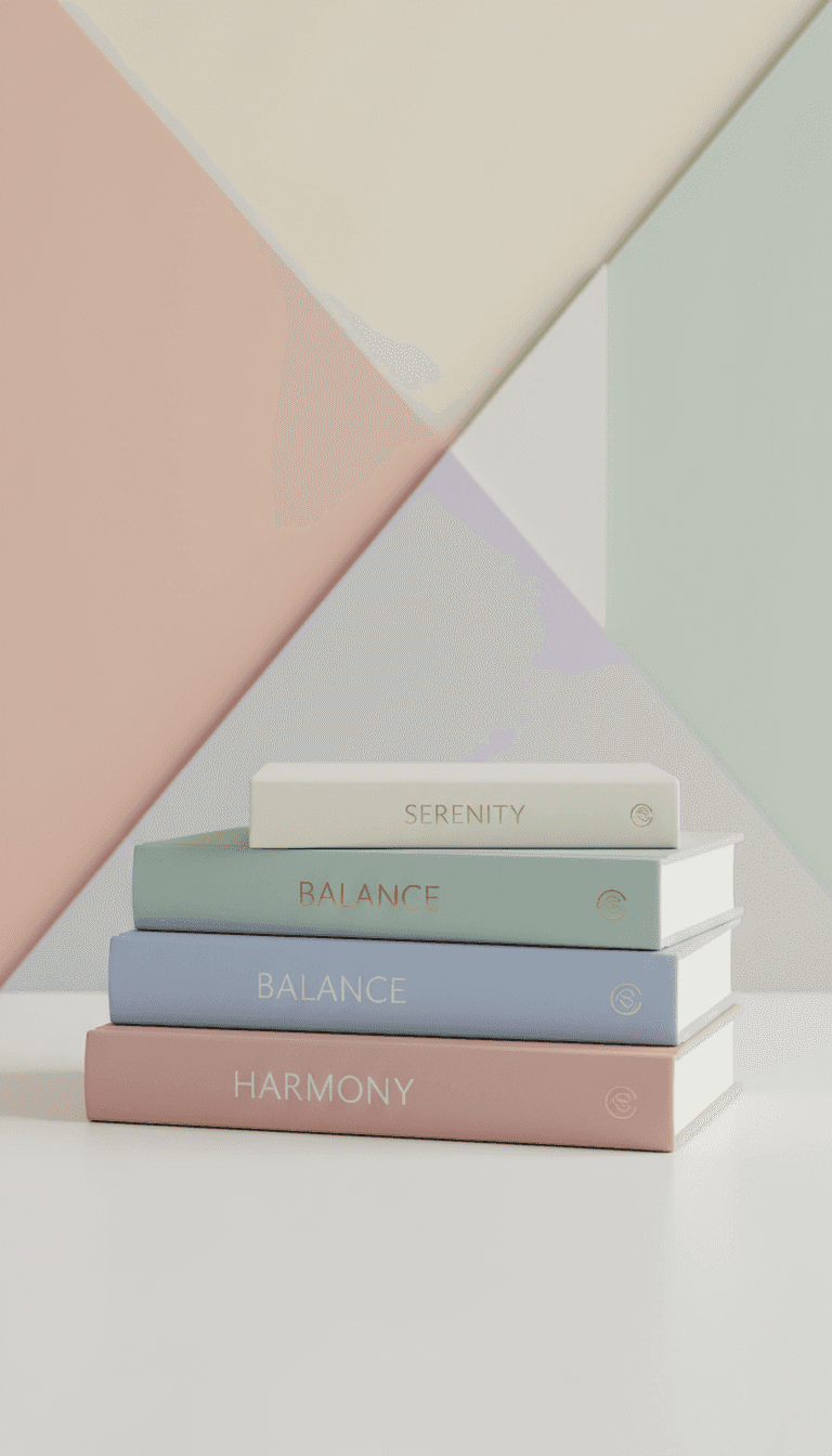 다채로운 크기의 세 권의 빈 하드커버 책 목업이 추상적인 기하학적 파스텔 배경에 깔끔하게 쌓여 있는 모습.