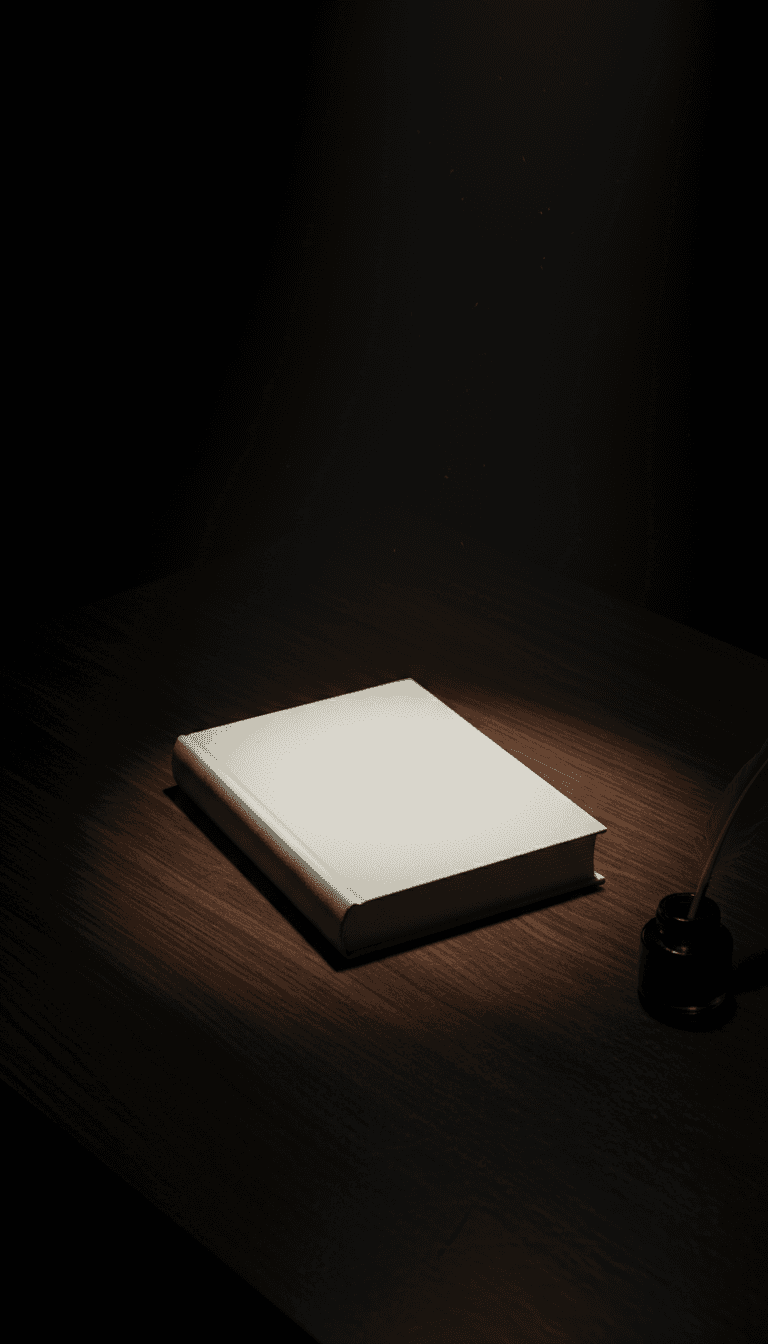 어두운 나무 표면에 놓인 닫힌 빈 책 목업이 단일 광원에서 오는 극적인 그림자와 함께 어둡고 분위기 있는, 세련된 문학적인 느낌을 연출.