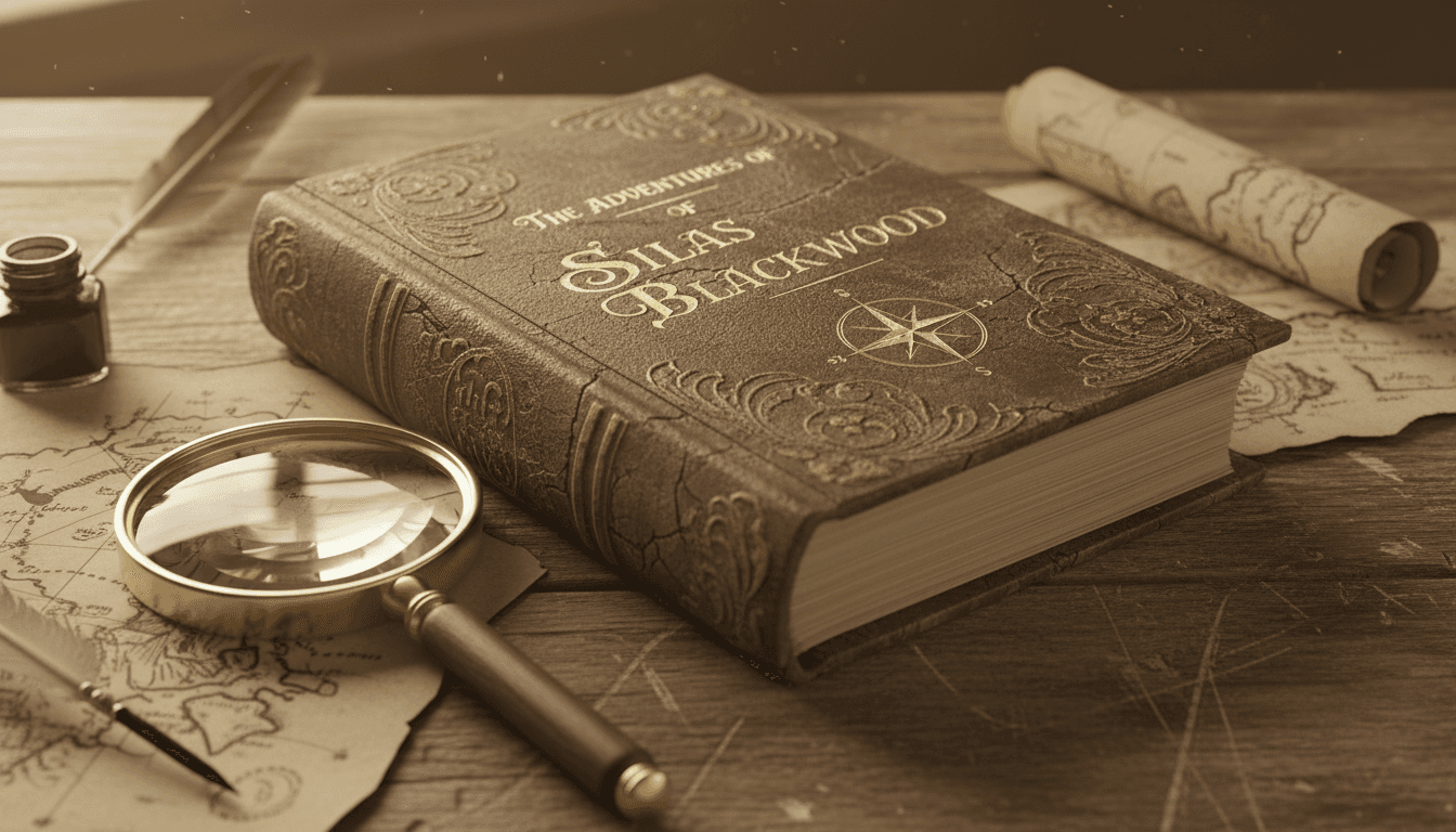 낡은 나무 책상 위에 놓인 빈티지 스타일 책 목업. 고풍스러운 돋보기와 따뜻한 세피아 톤이 향수를 불러일으킨다.