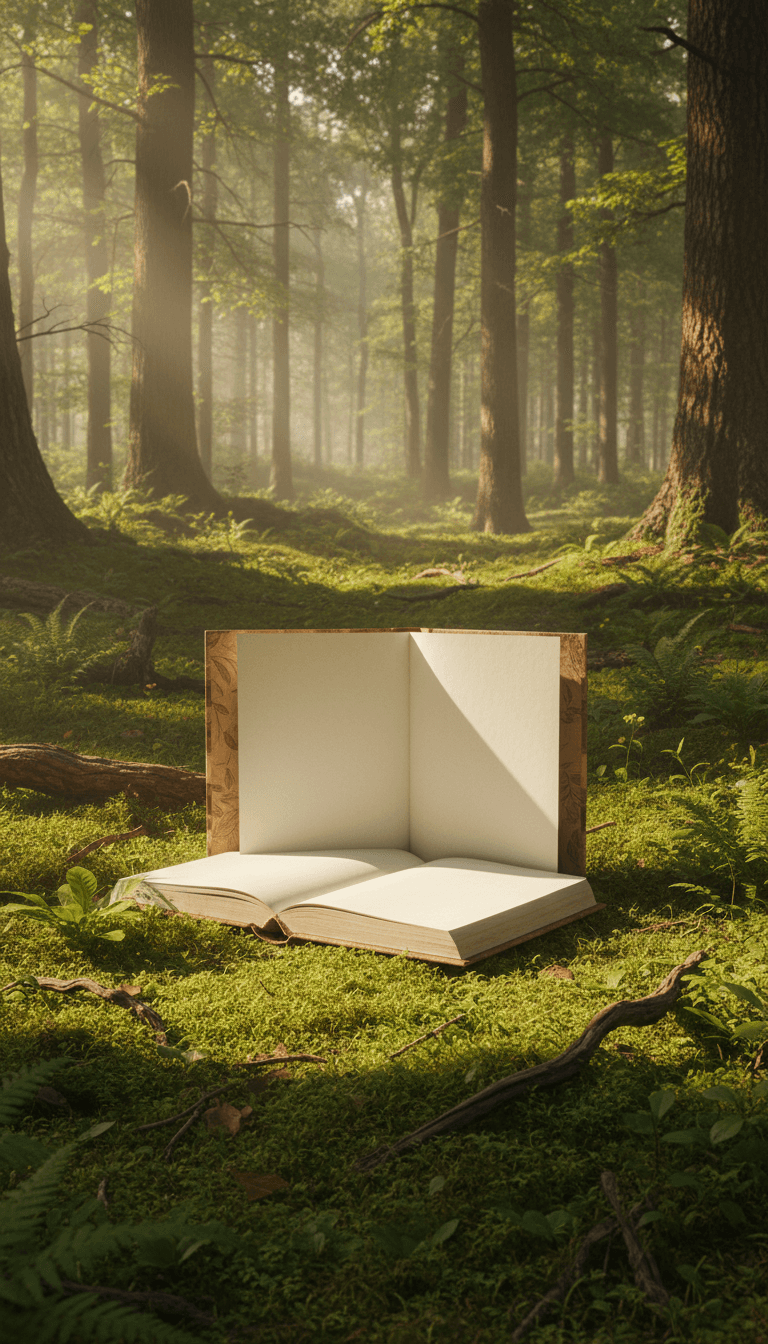 이끼 낀 숲 바닥에 놓인 펼쳐진 책 목업. 나뭇가지 사이로 비치는 햇살이 평화로운 자연 풍경을 연출한다.