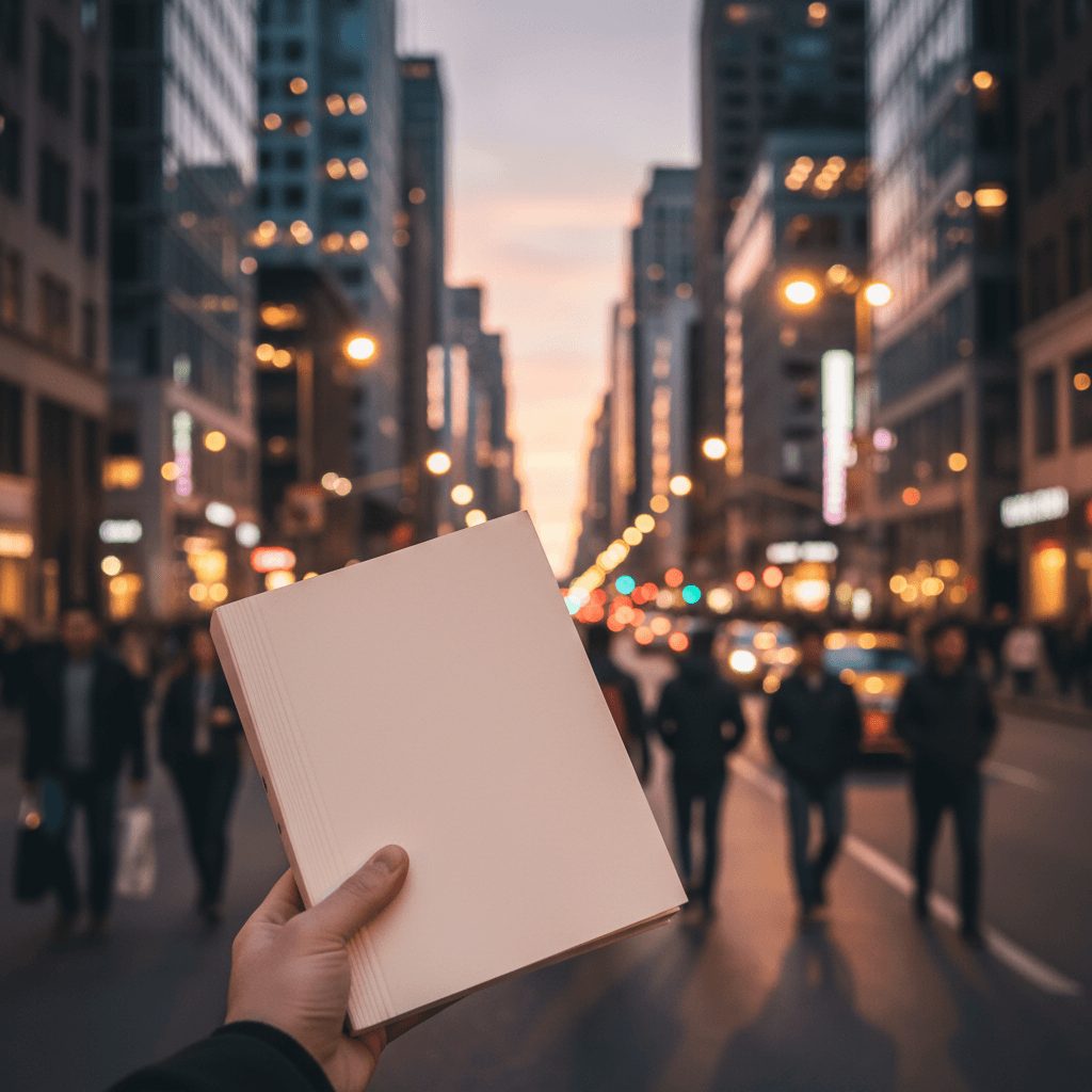 어스름 저녁, 번화한 도시 거리 배경에 사람의 손에 들린 빈 책 목업. 가로등 불빛과 부드러운 보케 효과가 현대적인 도시 라이프스타일을 연출.