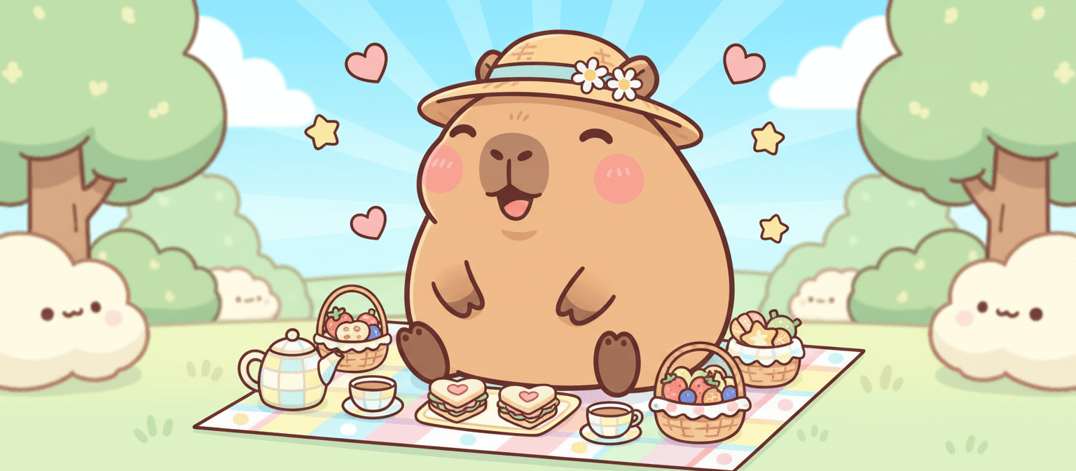 피크닉을 즐기는 슈퍼 귀여운 카와이 스타일 카피바라 일러스트.
