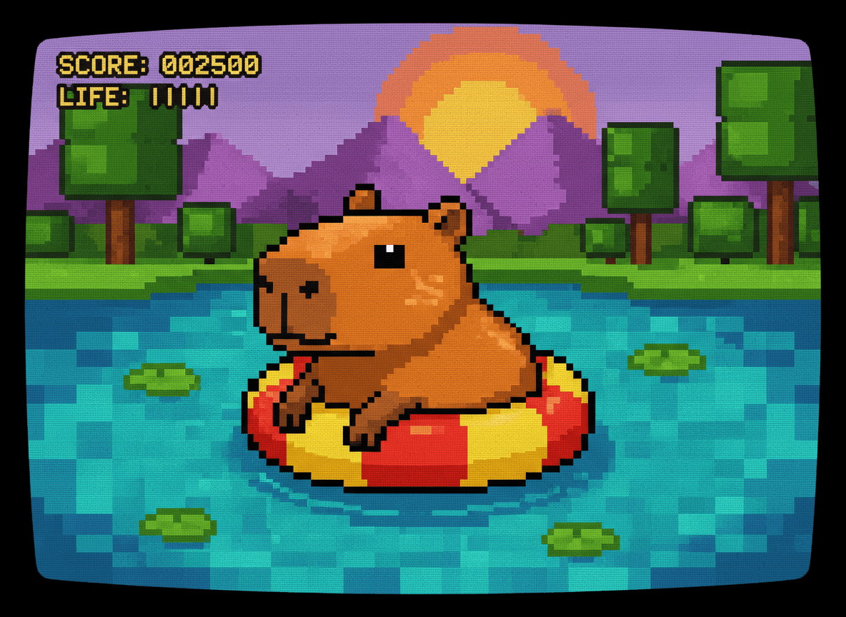 픽셀화된 연못에서 픽셀화된 튜브에 떠 있는 8비트 스타일의 카피바라 픽셀 아트 일러스트, 레트로 게임 미학.