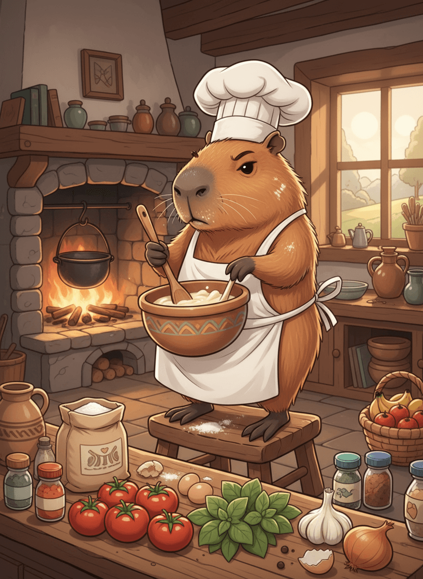 요리 수업에서 재료들에 둘러싸여 진지하게 그릇을 젓는 카피바라의 흥미로운 일러스트.