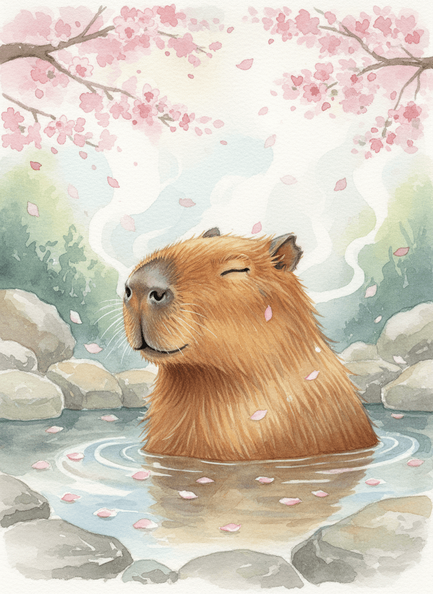 벚꽃잎이 흩날리는 온천에서 휴식을 취하는 수채화 카피바라 일러스트. 잔잔한 분위기.