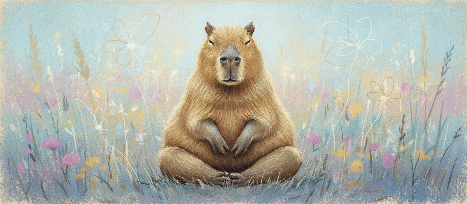 부드러운 파스텔 톤의 고요한 초원에서 명상하는 카피바라의 질감 있는 분필 아트 일러스트.