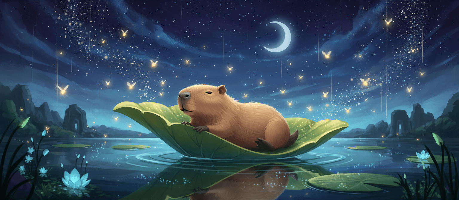 별이 빛나는 밤하늘 아래 반딧불에 둘러싸여 수련잎 위에 떠 있는 환상적인 디지털 카피바라 일러스트.