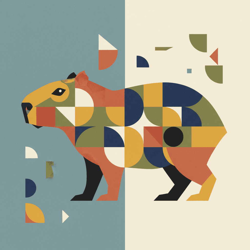 다양한 색상의 기하학적 형태로 구성된 카피바라 옆모습의 현대 기하학 예술 일러스트.