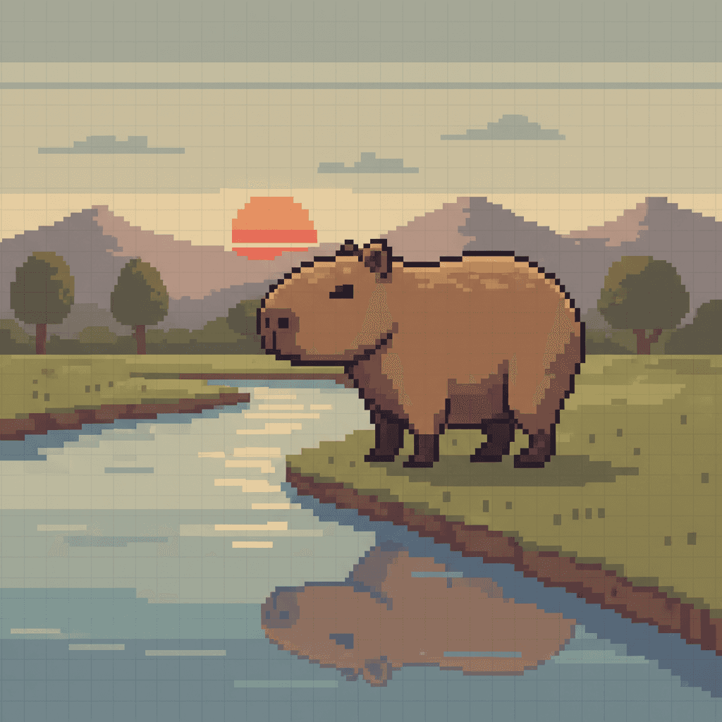 강가에 서 있는 복고풍 픽셀 아트 카피바라 일러스트.
