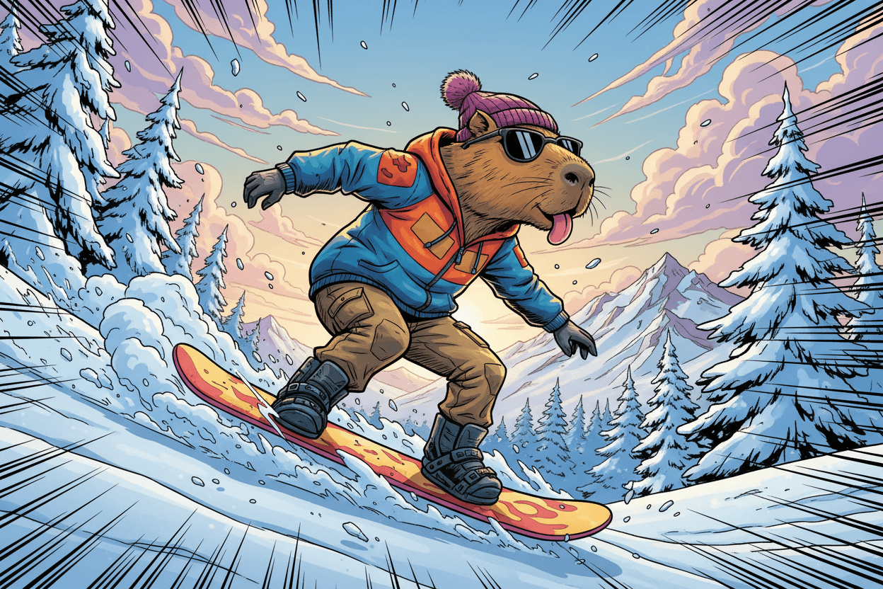 눈 덮인 산을 스노보드를 타고 내려오는 멋진 카피바라의 역동적인 일러스트.