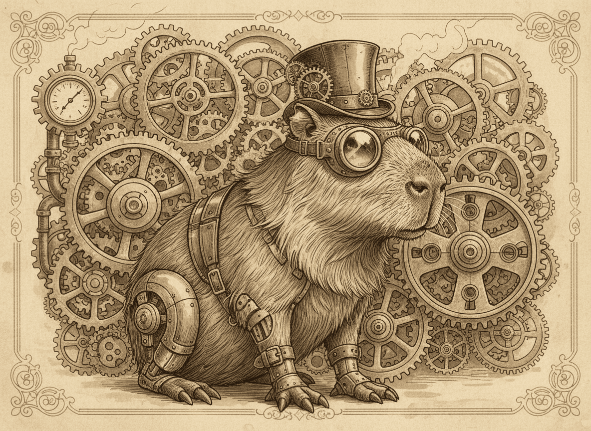 고글과 작은 실크햇을 쓴 스팀펑크 스타일의 카피바라 일러스트레이션, 복잡한 디테일과 세피아 톤의 배경에 기어와 톱니바퀴가 있다.