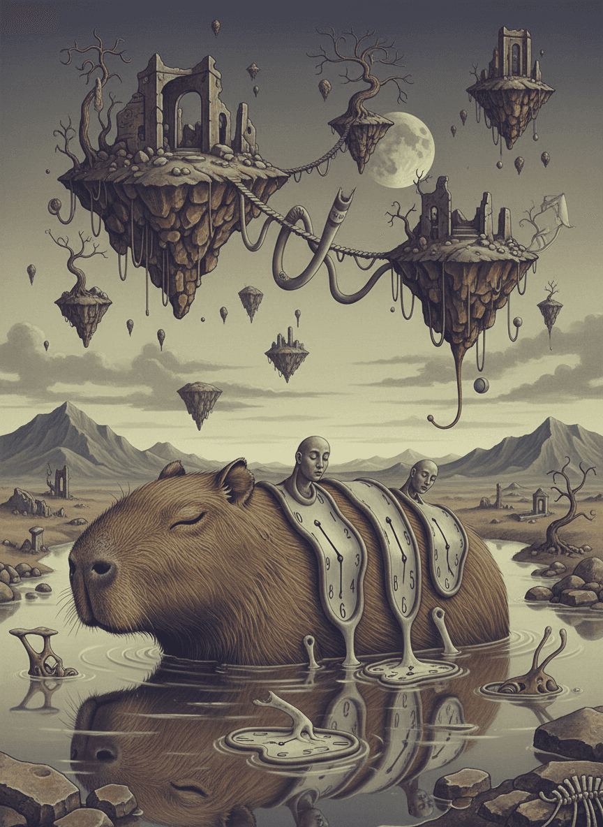 살바도르 달리에게 영감을 받은 초현실주의 카피바라 일러스트, 녹는 시계와 떠다니는 섬, 몽환적이고 신비로운 풍경.