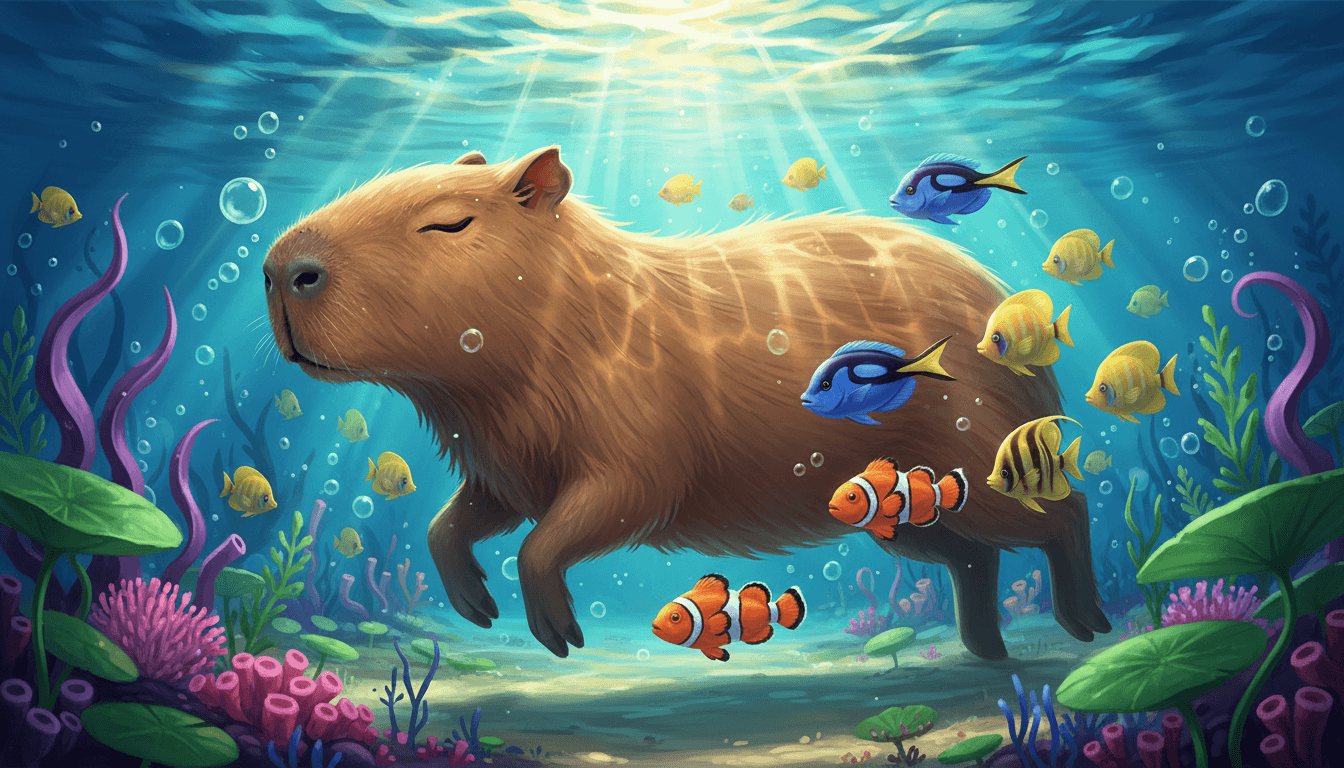 다채로운 물고기들과 수초들 사이를 평화롭게 헤엄치는 카피바라의 매혹적인 수중 일러스트.