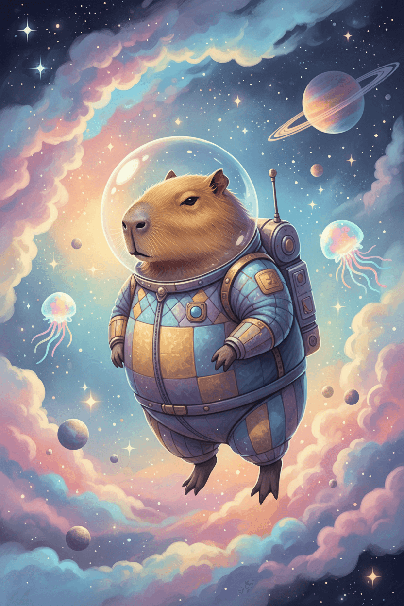 우주복을 입은 카피바라가 별과 행성에 둘러싸인 기묘한 우주 풍경을 떠다니는 몽환적인 일러스트, 부드러운 빛.