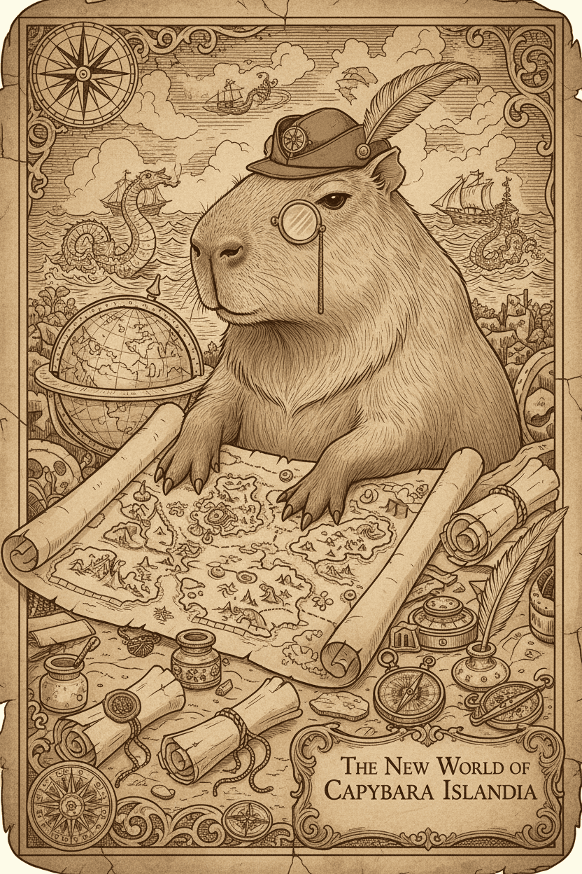 옛 지도 스타일로 그려진, 고대 지도를 연구하는 카피바라 지도 제작자의 일러스트.