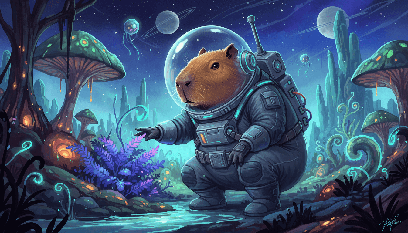 푸른 외계 행성을 탐험하는 미래형 우주복을 입은 카피바라의 SF 테마 일러스트.