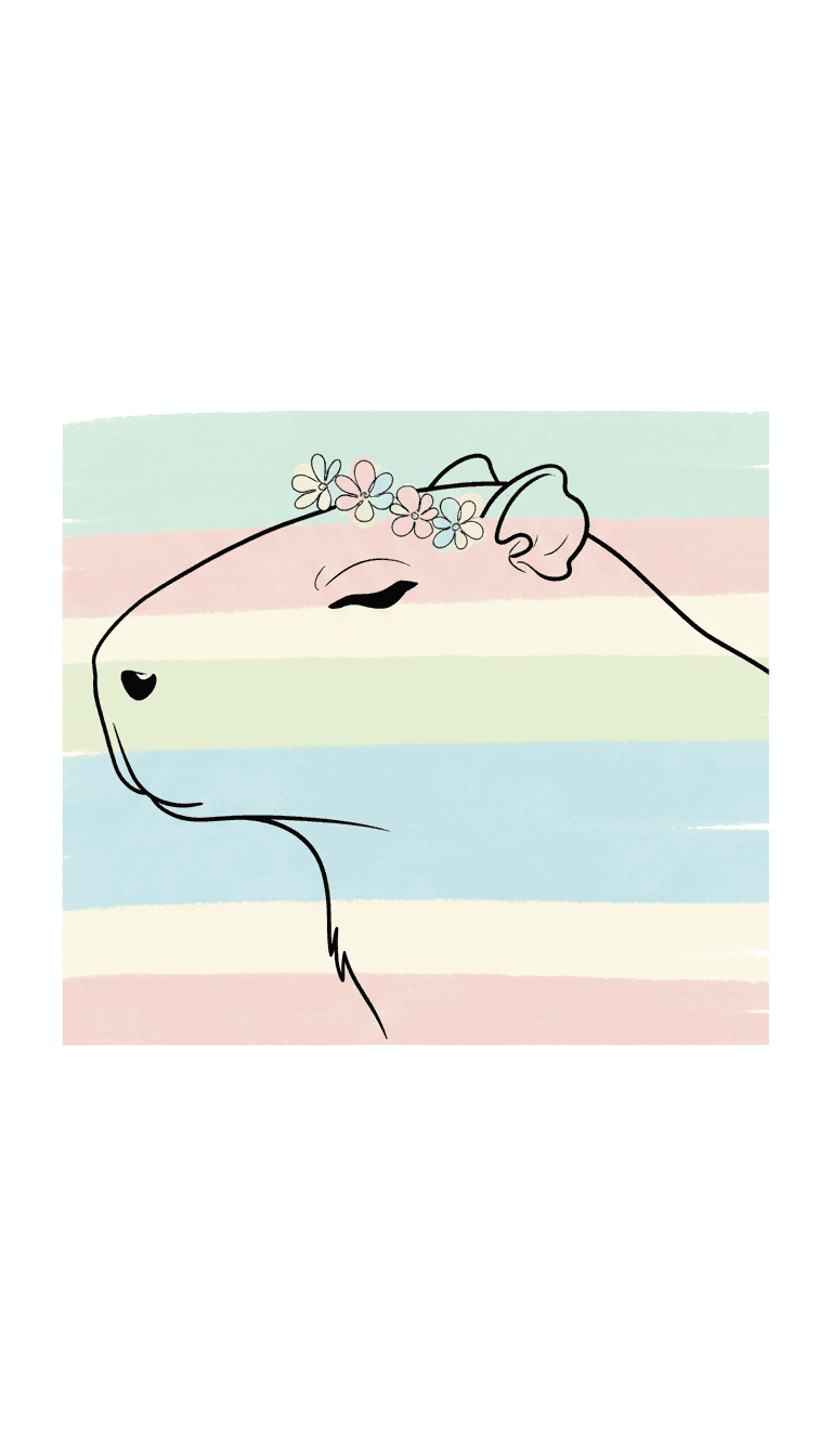 작은 꽃 화관을 쓴 차분한 모습의 미니멀리즘 라인 아트 카피바라 일러스트. 파스텔 배경.