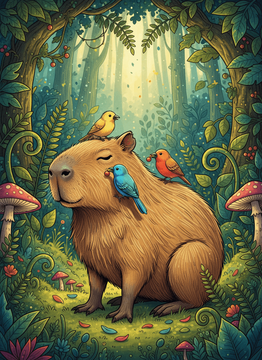 생동감 있고 세부적인 숲 배경에서 작은 새 친구들과 친근하게 교류하는 카피바라의 삽화 스타일 일러스트, 자연광.