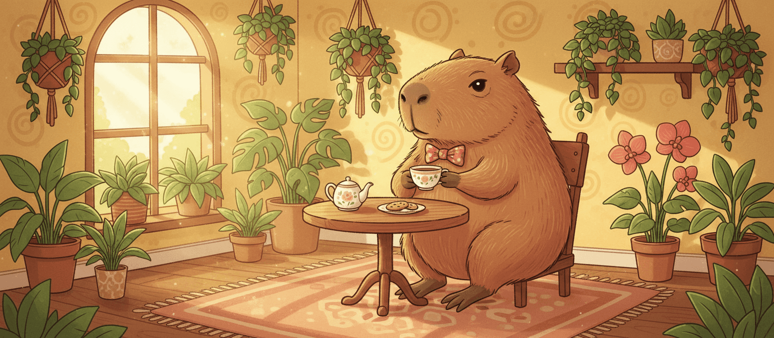 아늑하고 햇살 가득한 방에서 작은 찻잔을 들고 미니어처 테이블에 앉아 있는 카툰 스타일 카피바라 일러스트.
