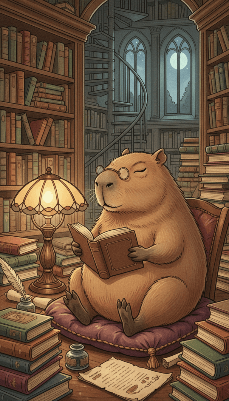 웅장한 도서관에서 책에 둘러싸여 평화롭고 학구적인 모습의 카피바라 일러스트.
