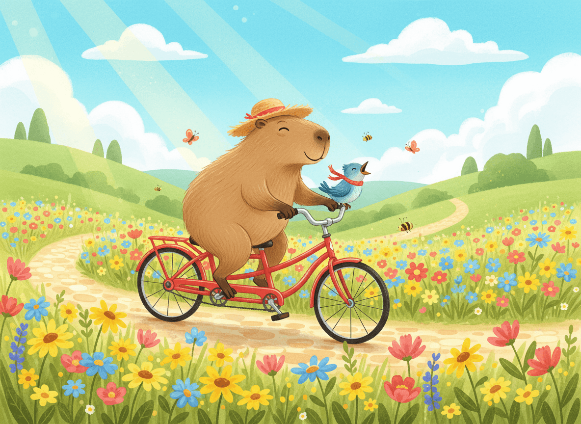 작은 새와 함께 햇살 가득한 들판을 탠덤 자전거로 달리는 즐거운 카피바라의 동화책 일러스트.