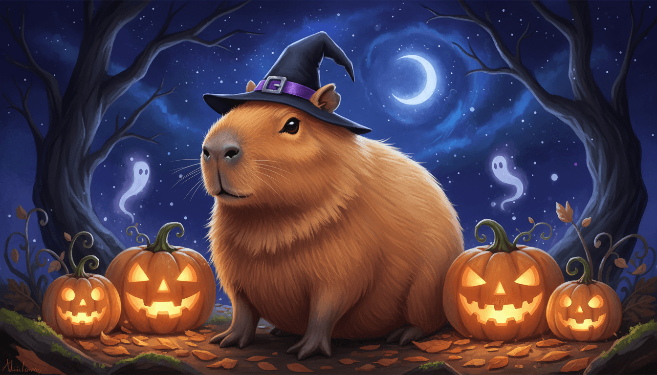 작은 마녀 모자를 쓴 할로윈 테마의 카피바라가 빛나는 호박에 둘러싸여 있는 귀여운 디지털 페인팅 일러스트, 밤하늘 배경.