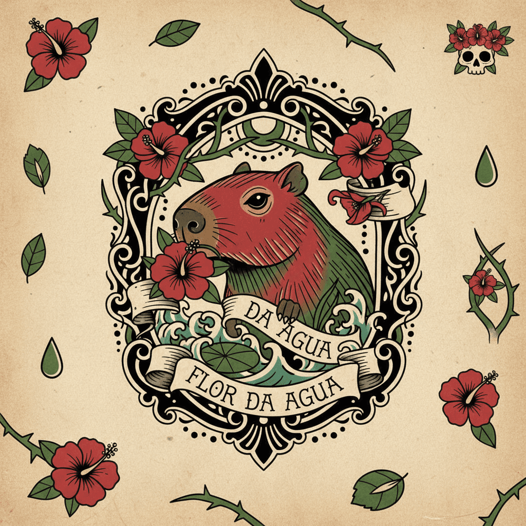 대담한 선과 제한된 색상 팔레트, 히비스커스 꽃을 들고 있는 카피바라의 네오 트래디셔널 타투 플래시 일러스트.