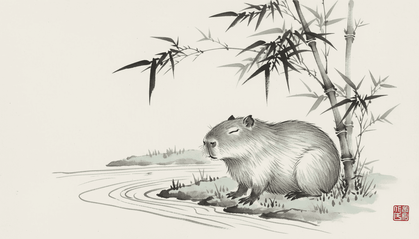 대나무 아래 앉아 있는 평화로운 카피바라의 수묵화(스미에) 일러스트.