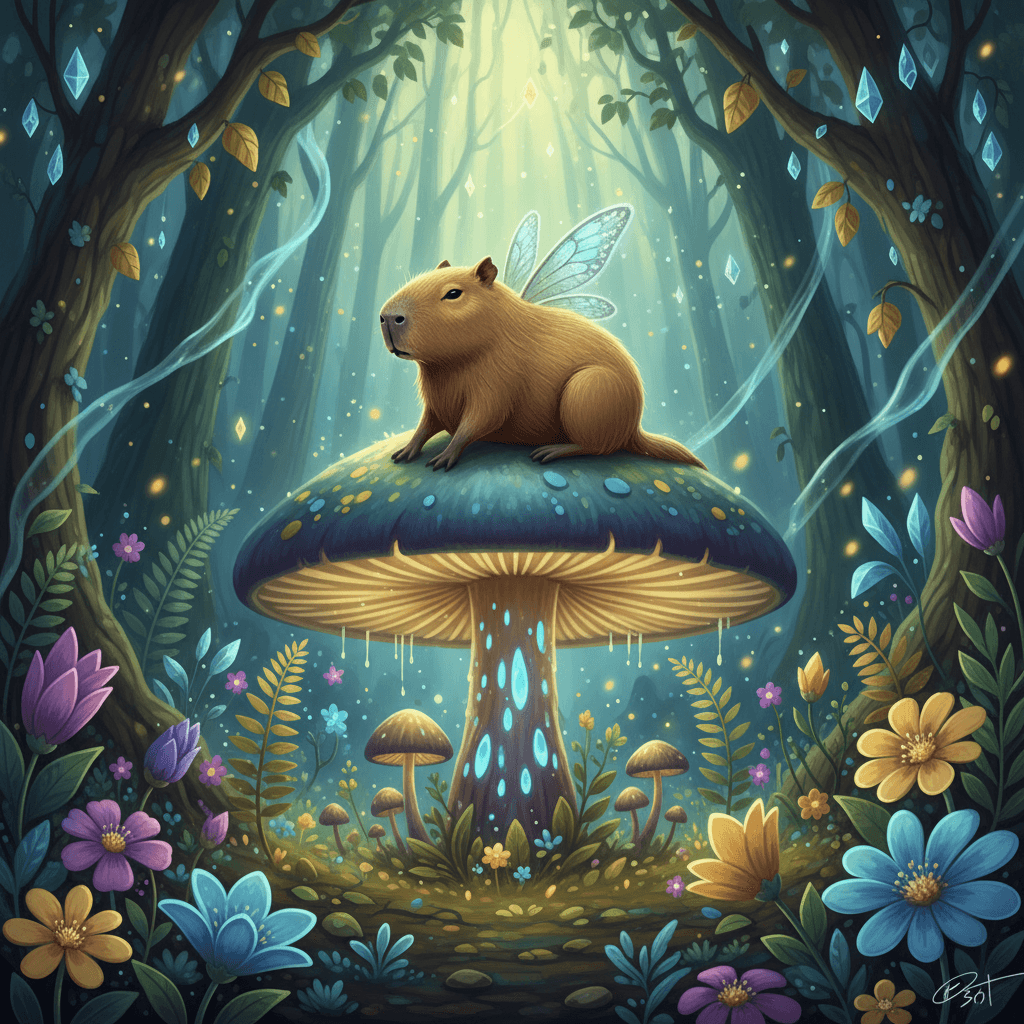 날개 달린 카피바라가 거대한 버섯 위에 앉아있는 환상적인 일러스트.