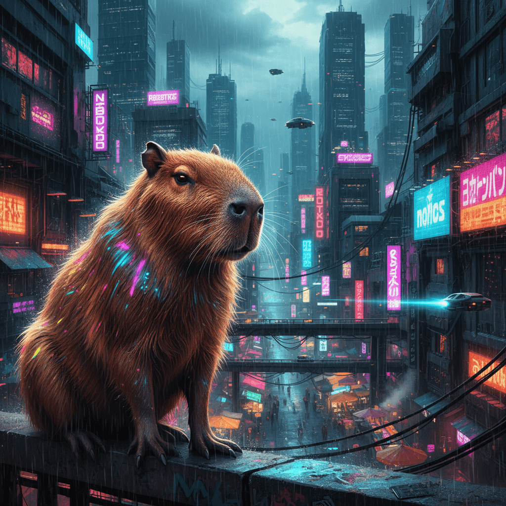 네온 도시 속 사이버펑크 스타일 카피바라 일러스트.