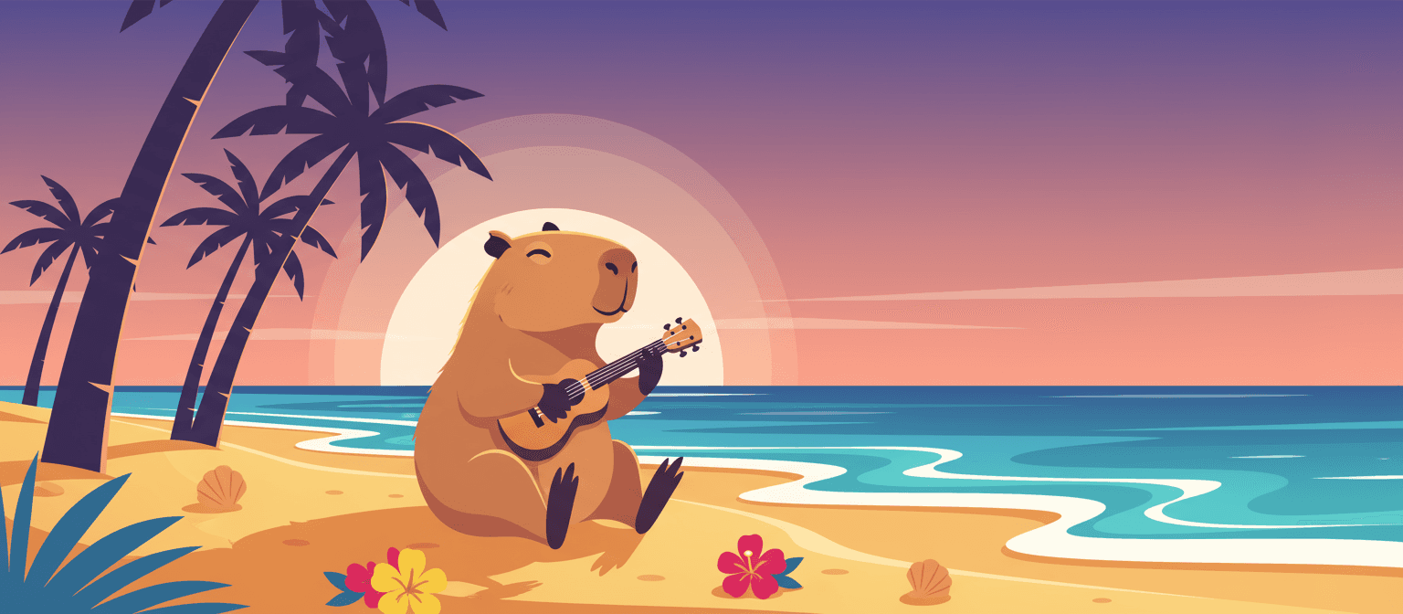 해변에서 우쿨렐레를 연주하는 카피바라의 디지털 벡터 아트 일러스트, 배경에는 야자수.