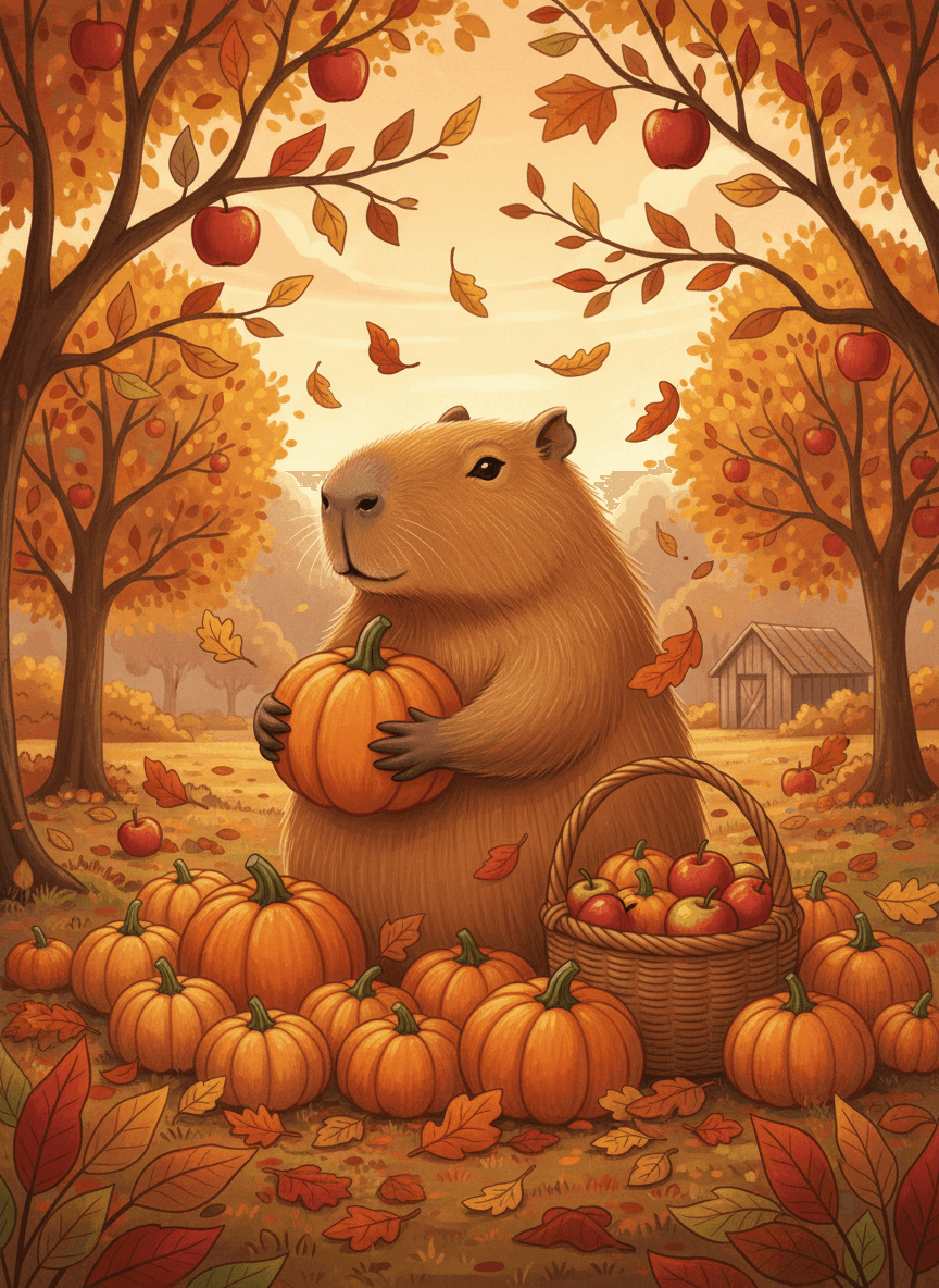 풍성한 과수원에서 호박과 사과를 수확하는 카피바라의 가을 테마 일러스트.