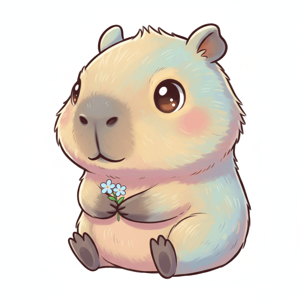 작은 꽃을 들고 있는 귀여운 치비 카피바라 일러스트.