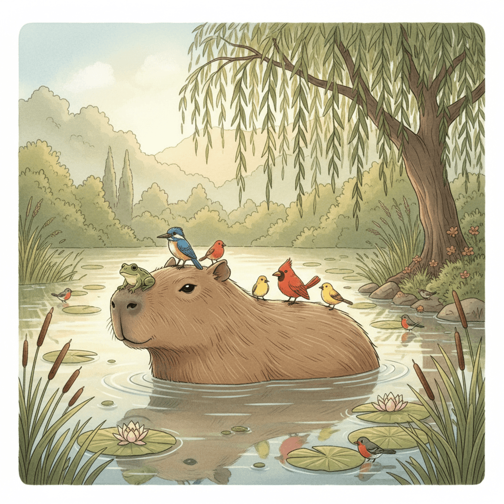연못가에서 동물 친구들과 함께 쉬는 카피바라 일러스트.