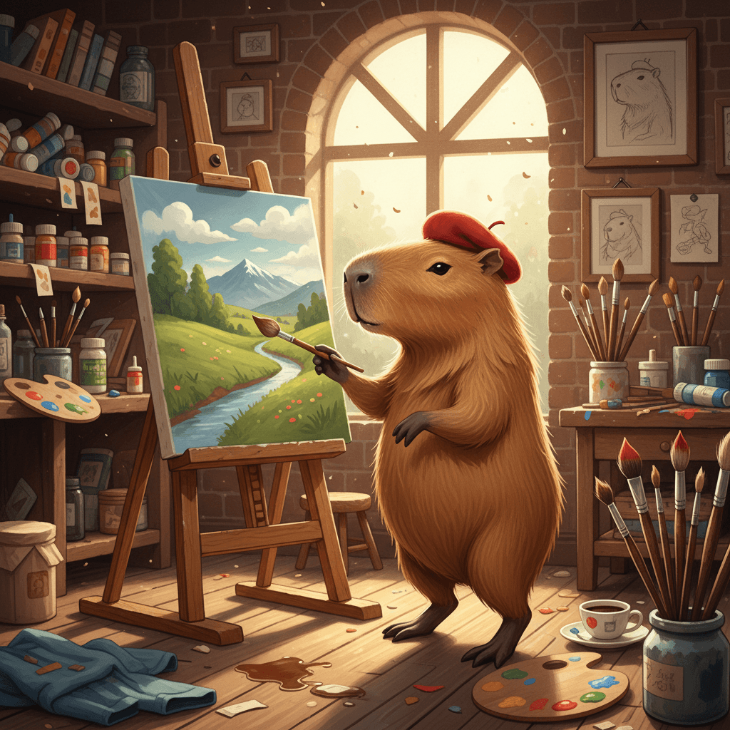 베레모를 쓰고 붓을 든 카피바라 예술가가 이젤 앞에서 풍경화를 그리는 창의적인 일러스트.