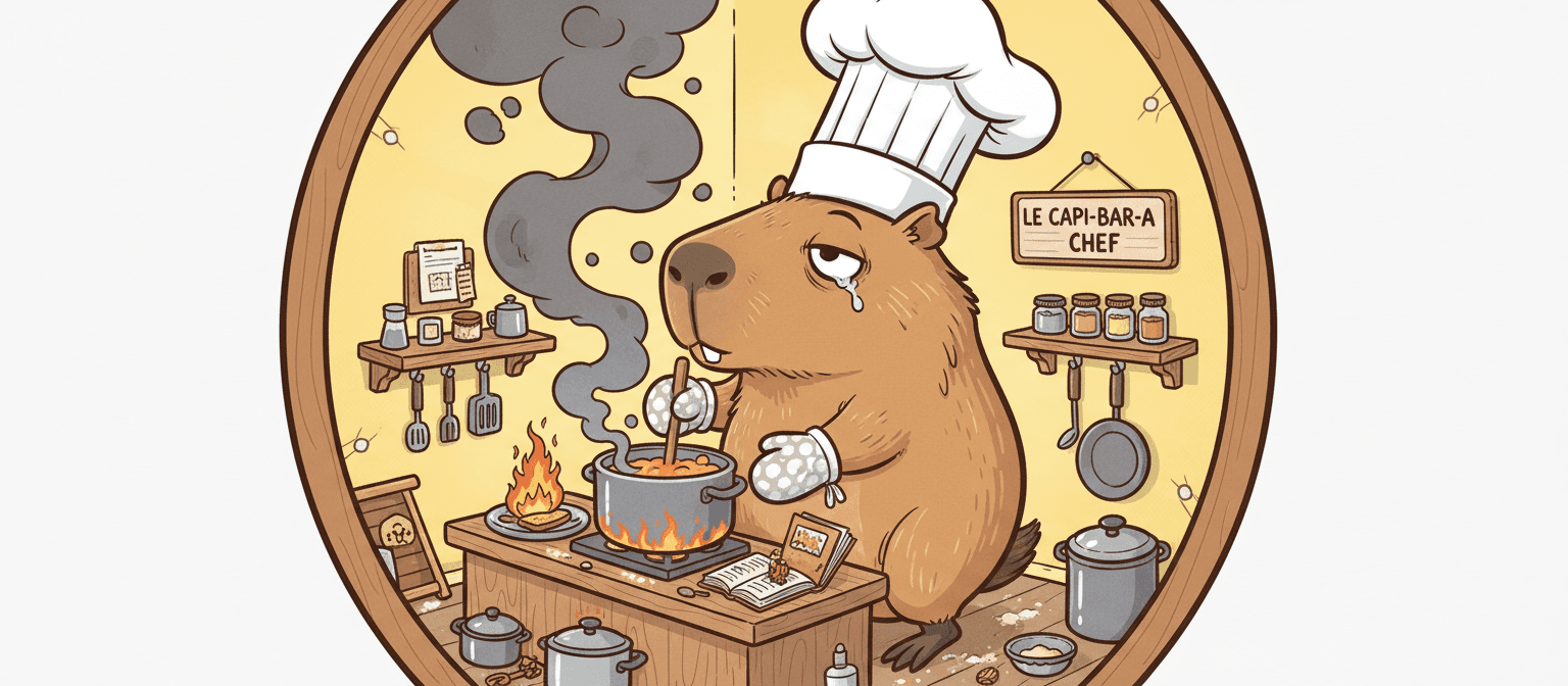 요리사 모자를 쓰고 요리하는 유머러스한 카피바라 카툰 일러스트.