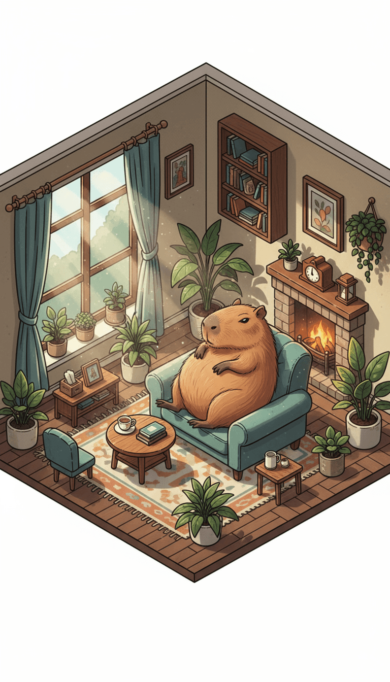 아늑한 거실에 있는 카피바라의 등각투영 일러스트.
