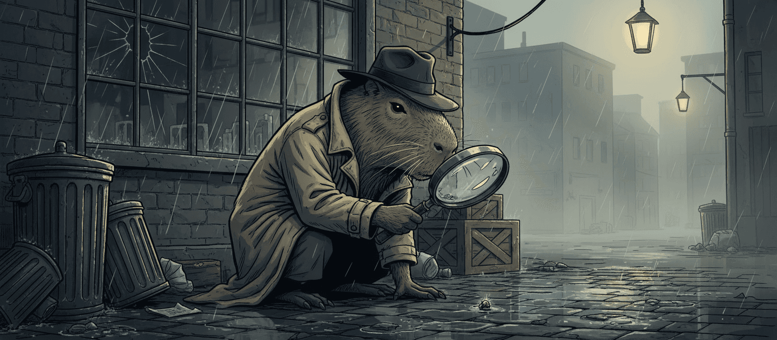 비 오는 골목에서 돋보기를 들고 단서를 찾는 카피바라 탐정의 영리한 일러스트.