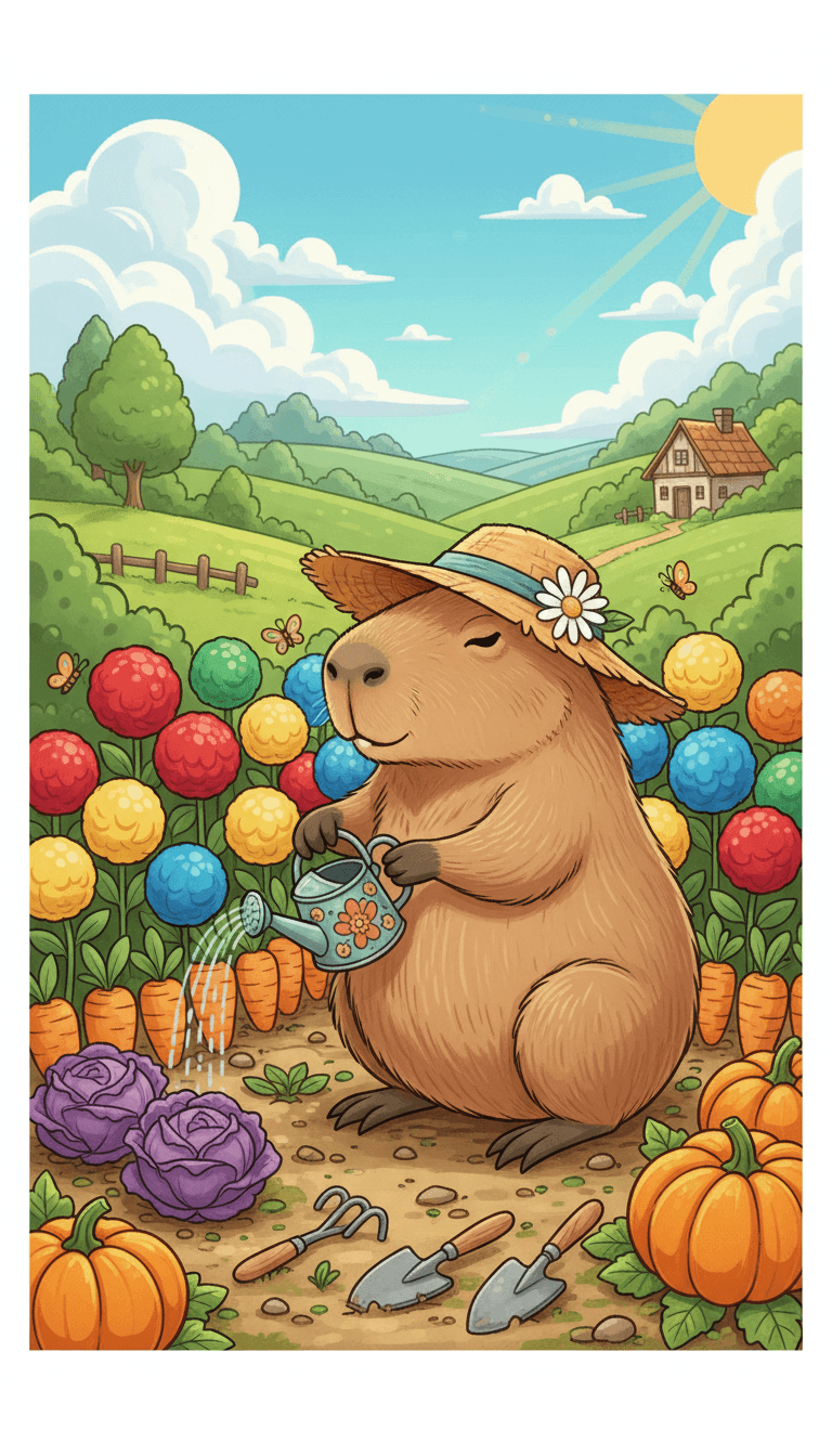 밀짚모자를 쓰고 화려한 꽃과 채소를 가꾸는 유쾌한 카피바라 정원사의 일러스트.