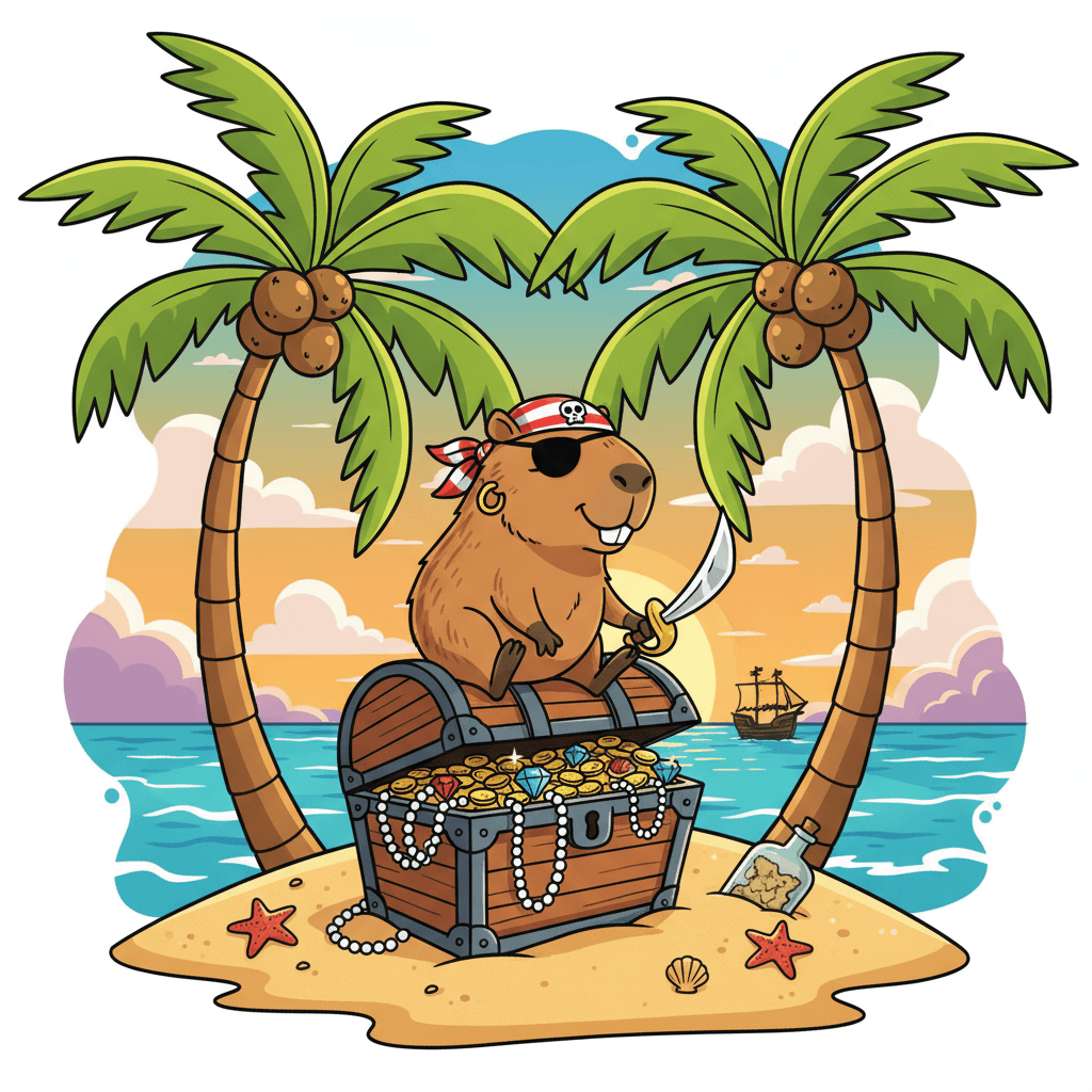 무인도에서 보물 상자에 앉아있는 안대와 반다나를 착용한 카피바라 해적의 장난기 가득한 일러스트.