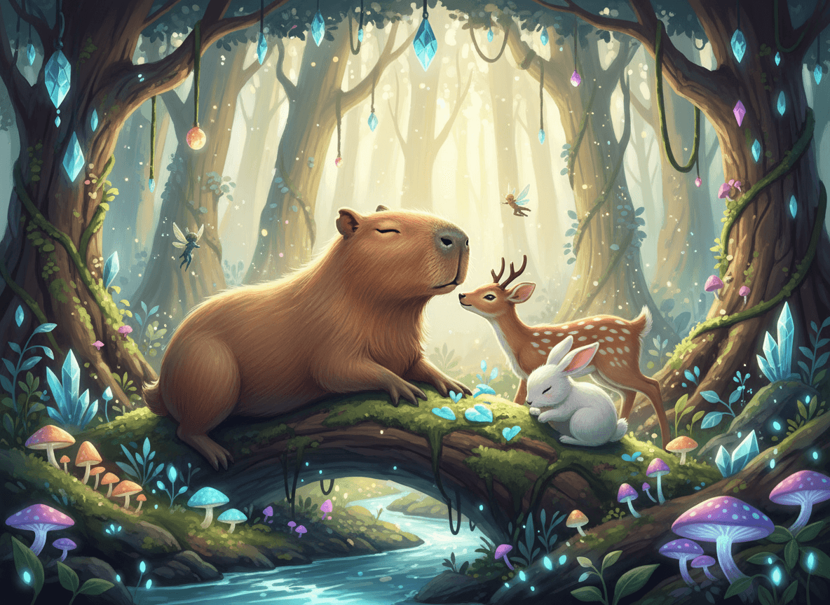 햇살이 쏟아지는 마법 같은 숲에서 다른 숲속 동물들과 평화롭게 지내는 카피바라의 디지털 일러스트.