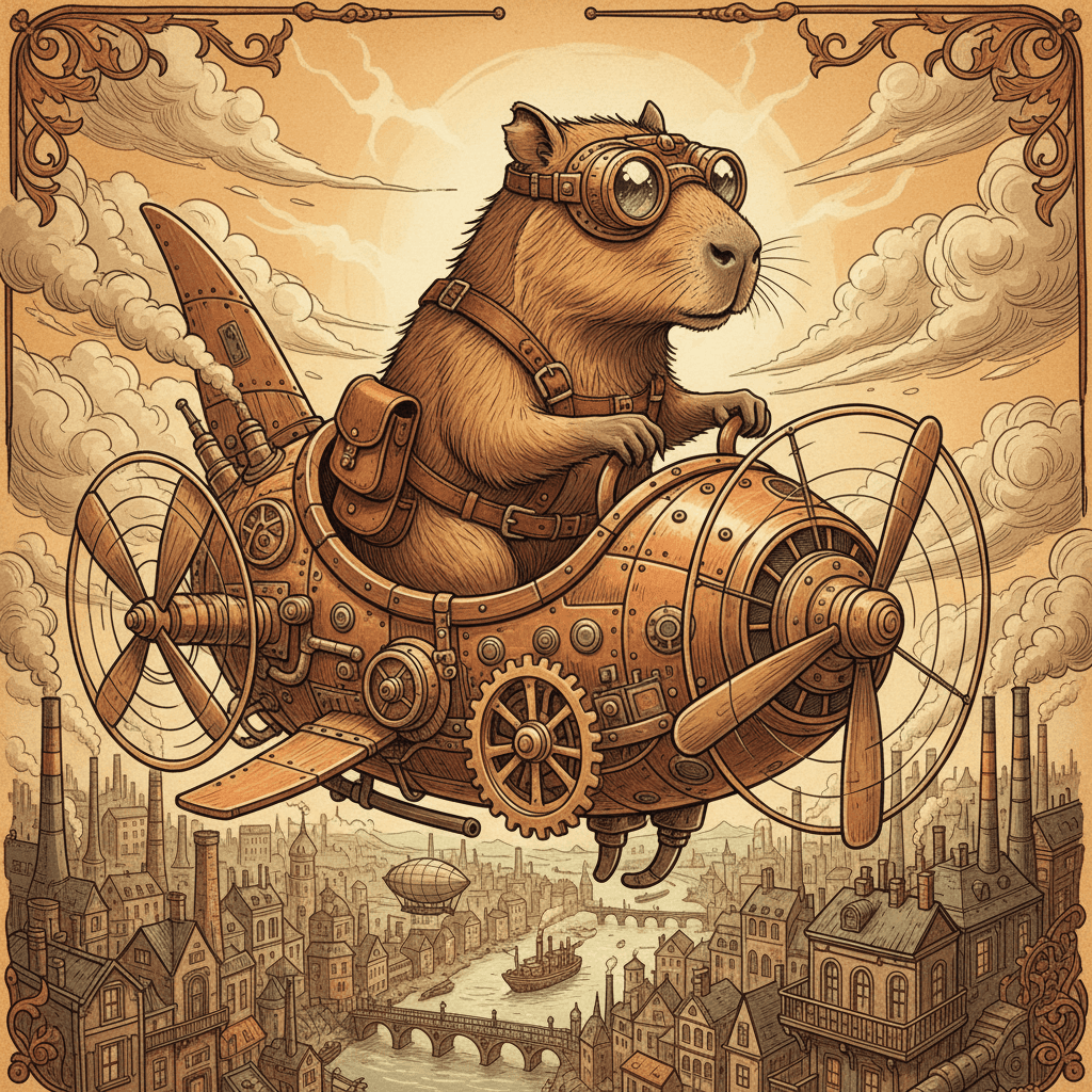 고글과 가죽 하네스를 착용하고 기발한 비행 기계를 조종하는 스팀펑크 스타일 카피바라 일러스트.