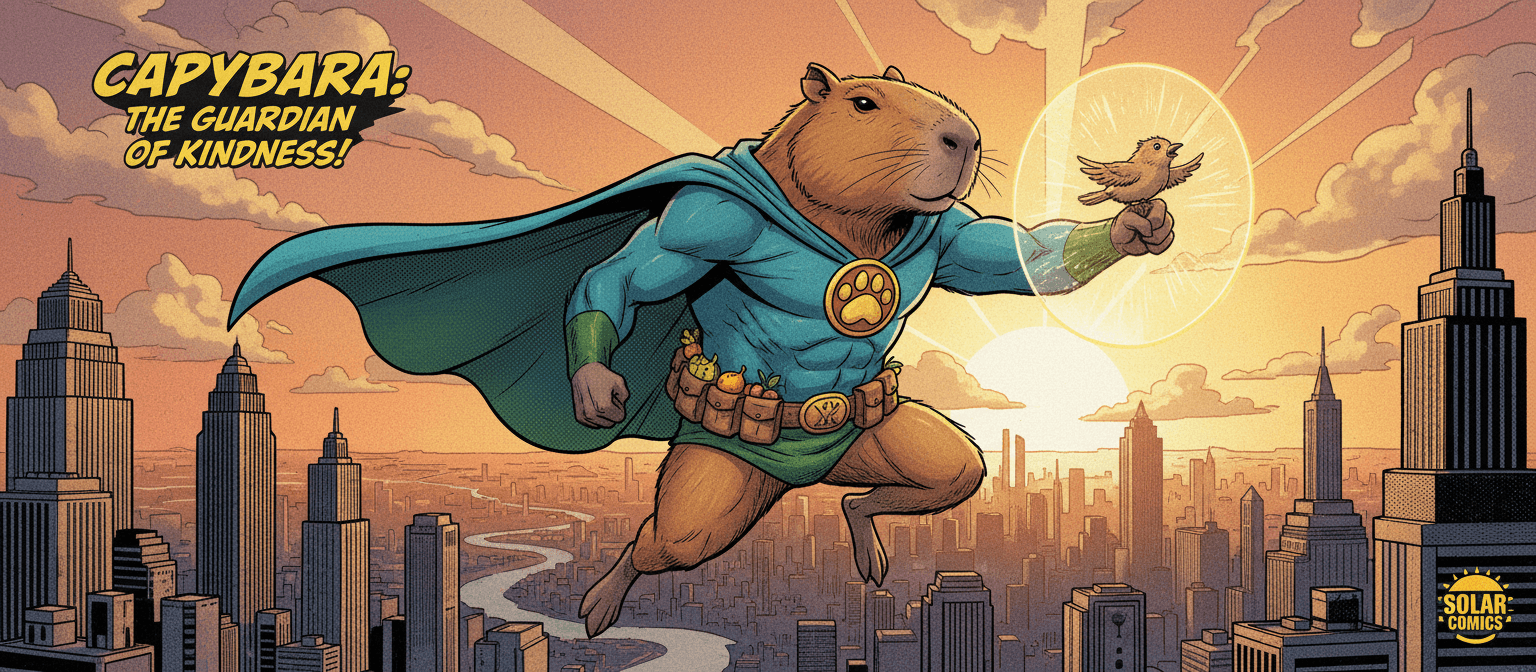 석양의 도시를 배경으로 한 강력하면서도 온화한 자세의 슈퍼히어로 카피바라, 역동적인 만화책 표지 아트 스타일 일러스트.