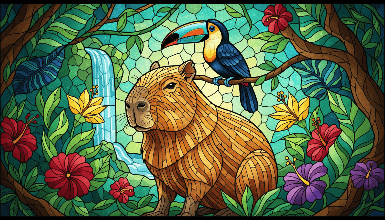 정글 잎사귀와 투칸에 둘러싸인 스테인드 글라스 스타일 카피바라 일러스트.
