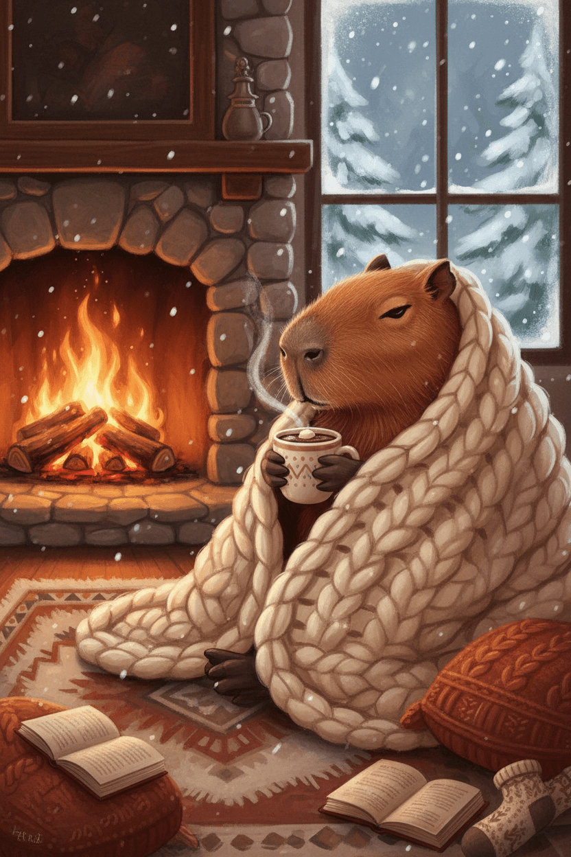 겨울 벽난로 옆에서 담요에 싸여 따뜻한 코코아를 마시는 아늑한 카피바라 일러스트.